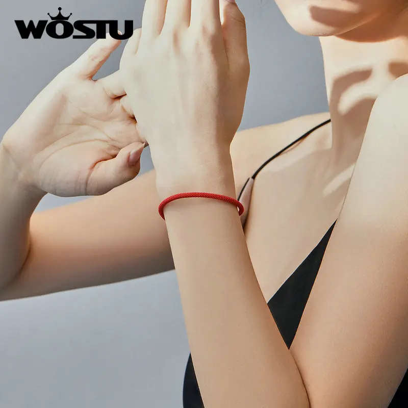 WOSTU настоящий 925 пробы Серебряный Красный веревочный браслет классический счастливый браслет подходит бусины Подвески DIY Изготовление ювелирных изделий DXB166