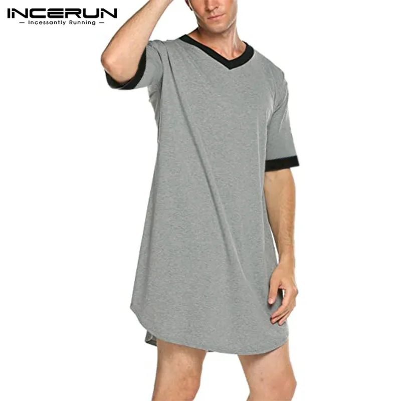 INCERUN Mens Nightgown Fashion Patchwork Sleep Robe Solid Color Sleepwear Man Short Sleeve Bathrobe Loose V Neck Nightwear S-5XL fitness button up romper homewear incerun men sleepwear jumpsuits leisure patchwork onesies man long sleeve nightgown plus size7