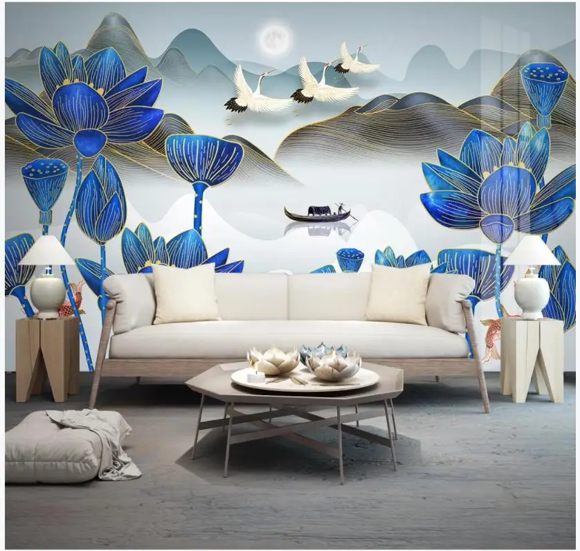 Пользовательские фото обои для стен 3 d фрески Новая китайская золотая линия пейзаж лотос рыба девять рыбок иллюстрация ТВ фоновая стена
