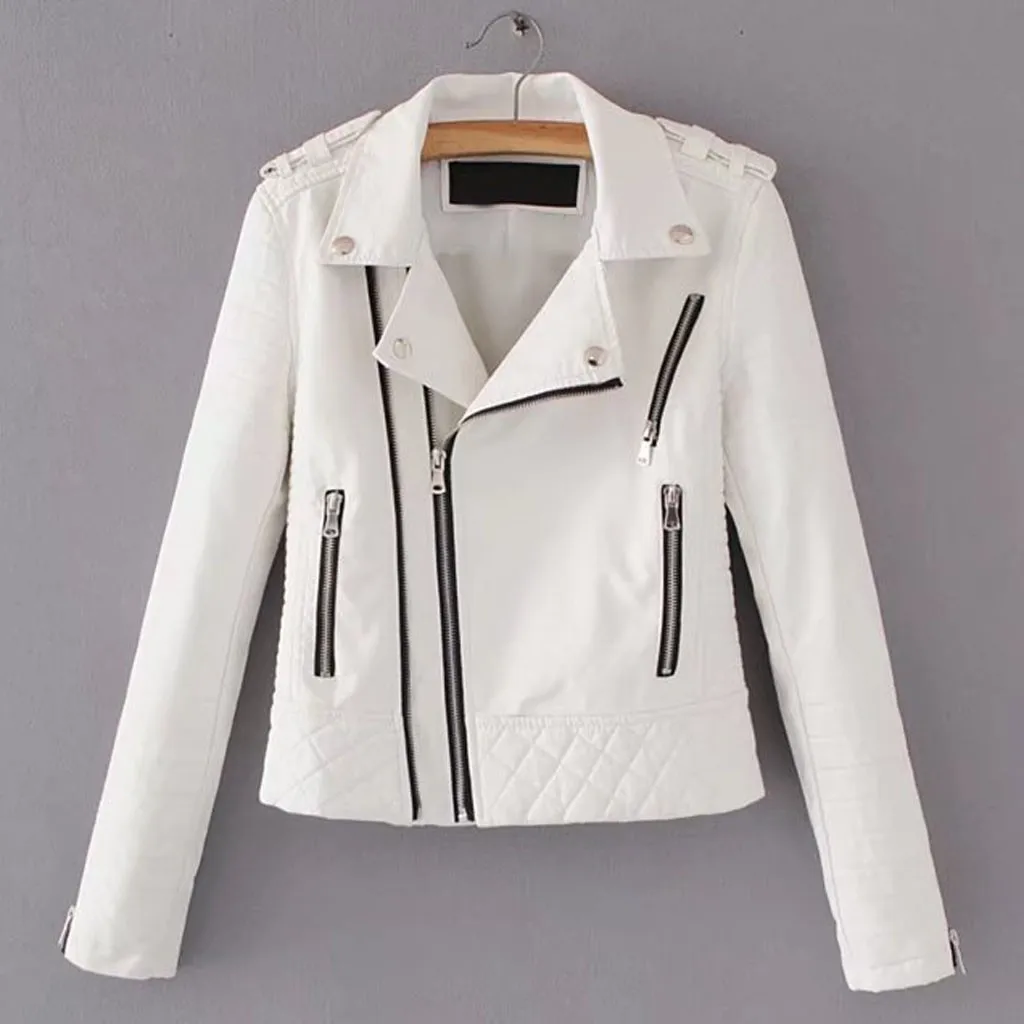 

Leather Jacket Womens Casual Solid Color Lapel Zipper Long Sleeve Leather Jacket Coat Pockets Fashion Solid Winter Jacket Women