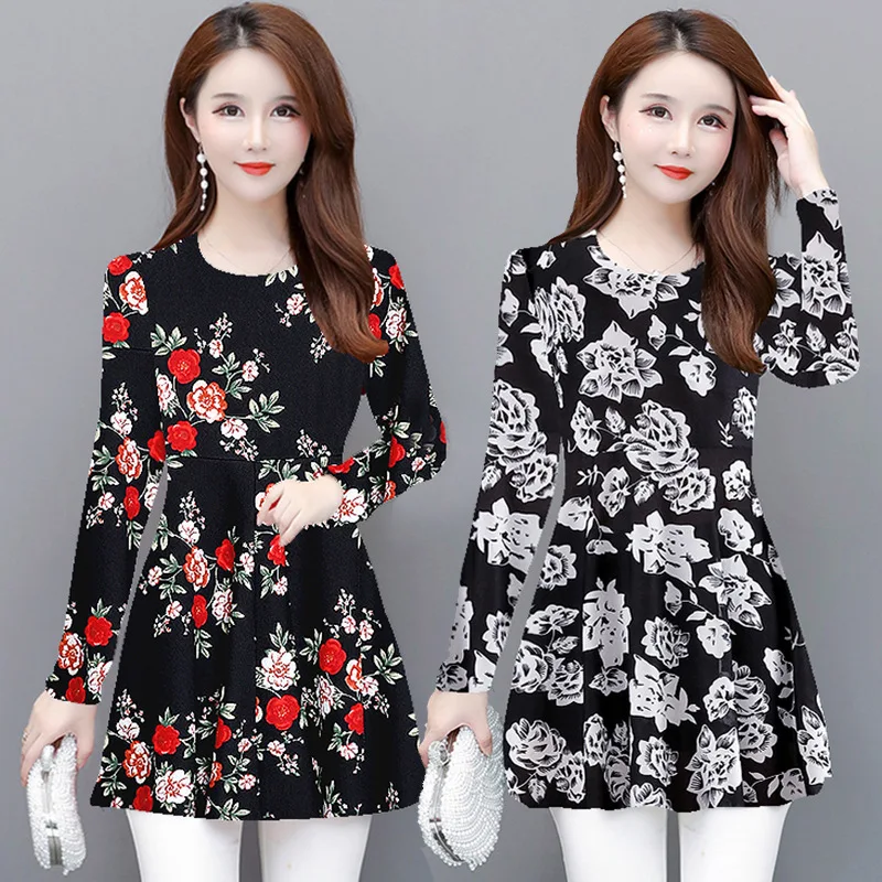 

219 Spring And Autumn New Style Mid-length Middle-aged Women Dress Floral-Print Middle-aged Large Size T-shirt Long Sleeve Print