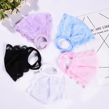 

Women Girl Summer Sunscreen Double Layer Mouth Mask Crochet Floral Lace Solid Color Dustproof Breathable Thin Earloop Respirator