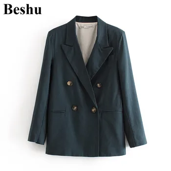 

za 2020 fashion blazer women cotton big lapel double-breasted pockets simple blazer female long sleeve solid color mujer