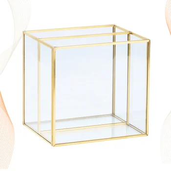 

15.8x12.8cm Gold Glass Jewelry Plate Dresser Desk Organizer Cosmetics Storage Box (Two Grid)