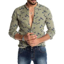 Hawaiian Shirt Mens Long Sleeve Wild Goose Print Button Linen Shirts Summer Camisas Hombre Mens Shirts Casual Slim Fit Blusa