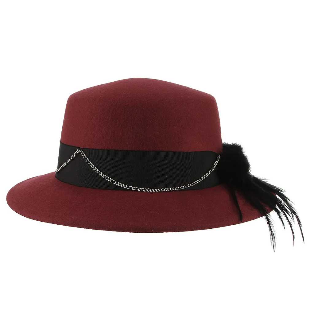 Женские шерстяные мягкие шляпы шляпа Женская купольная перо и цепь декоративная теплая шапка женская церковная вечерние банкетные элегантные ретро-шляпы H7207