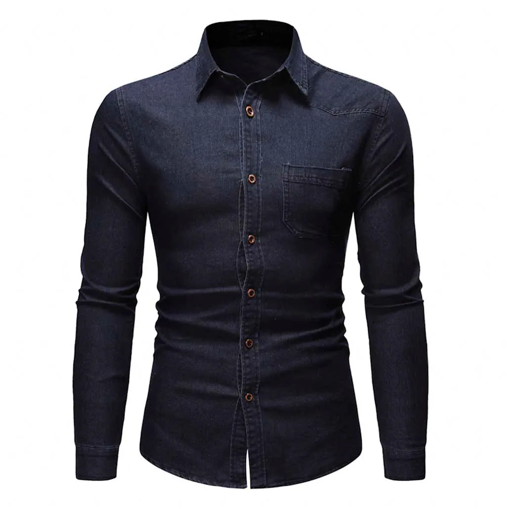 Feitong/Для мужчин Повседневное однотонные Панель на пуговицах джинсовая рубашка с карманами Блуза Топ