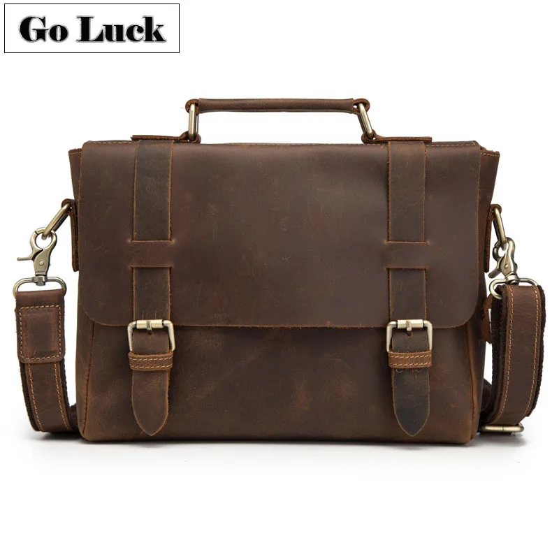 

GO-LUCK Brand Crazy Horse Genuine Leather 13' Business Briefcase Top-handle Handbag Men's Shoulder Bag Men Messenger Bags