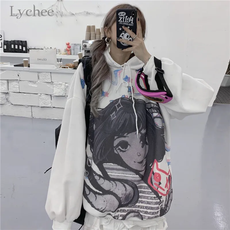 Lychee Женские флисовые толстовки с капюшоном в стиле Харадзюку с героями мультфильмов, весенние, осенние, зимние женские топы, повседневные свободные женские толстовки