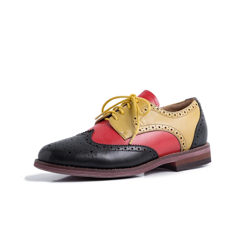 Yinzo/женские туфли-оксфорды из натуральной кожи на плоской подошве; женские кроссовки; женские броги в винтажном стиле; повседневная обувь для женщин; модель года; Цвет зеленый, коричневый - Цвет: red yellow