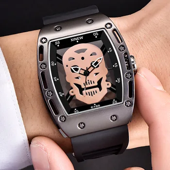 

Creative Skull Watches For Men Gold Black Top Brand Luxury Military Rubber Band Wrist Watch Man Quartz Waterproof Sports Clock