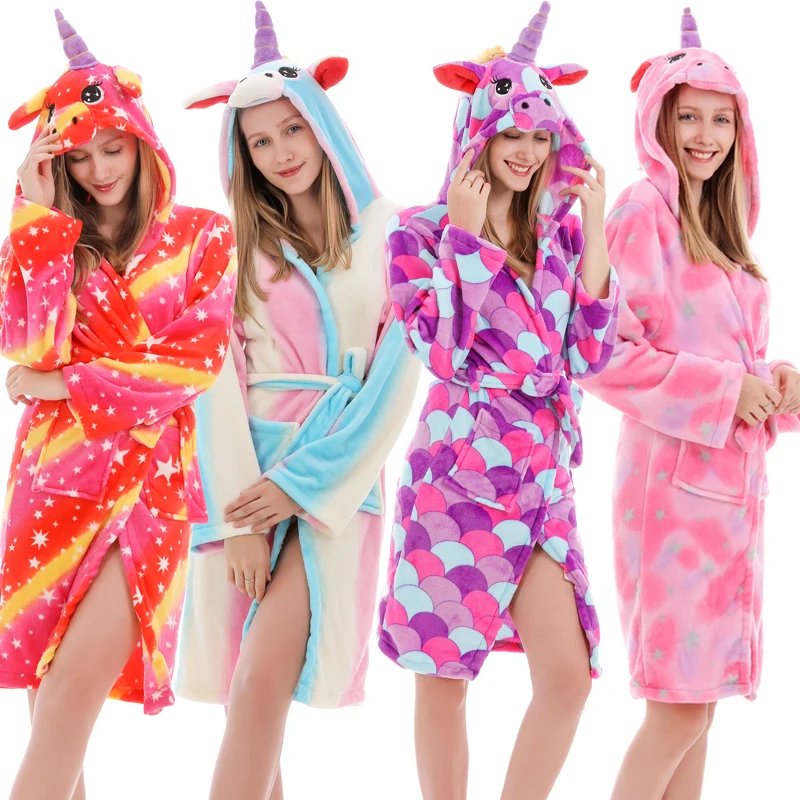 Kigurumi Unicorn Hooded Adults Bathrobes Rainbow Bath Robe Animal For Girls Pyjamas Nightgown Women Robe Sleepwear Dressing Gown