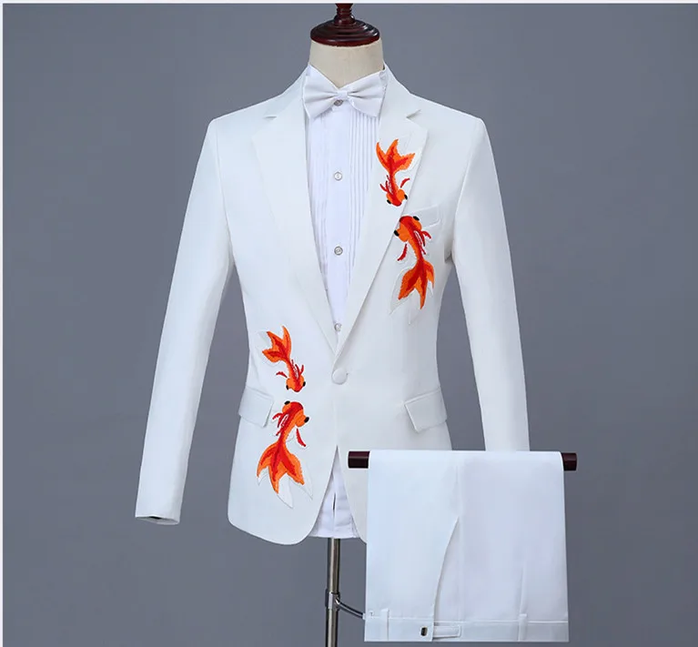 Уникальный дизайн, рисунок рыбы, вышивка, белый цвет размера плюс, мужской свадебный блейзер для жениха, наборы, мужские новые модные вечерние костюмы для банкета
