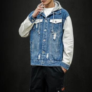 

2020 Spring New Men's Denim Jacket Japanese Large Size Hooded Jackets Men's Casual Loose Sportswear Zipper Cotton Coat