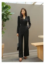 Spring And Autumn  V-Neck Elegant Black Professional Casual Long Sleeve Straight Jumpsuit Women