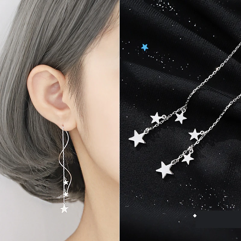 

S925 Sterling Silver Stars Tassel Long Chain Threader Earrings Simple Dainty Women Girls Twisted Wave Delicate Fashion Earring