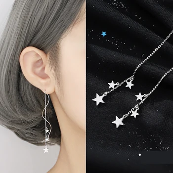 

S925 Sterling Stars Tassel Long Chain Threader Earrings Simple Dainty Women Girls Twisted Wave Delicate Fashion Earring