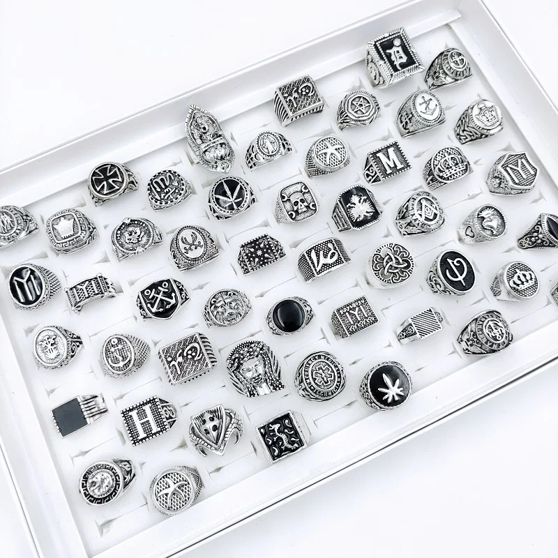 Wholesale 50 Pcs/Lot Punk Gothic Crown AG Rings for Men and Women Mix Charm Black Glaze Antique Silvery Vintage Jewelry Gift