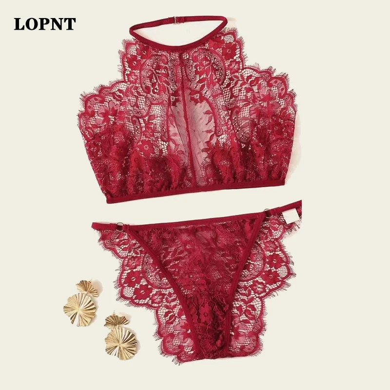 Женское нижнее белье LOPNT, Красное Кружевное Прозрачное нижнее белье с высокой горловиной и цветочным принтом, красивое нижнее белье|Комплекты нижнего белья|   | АлиЭкспресс