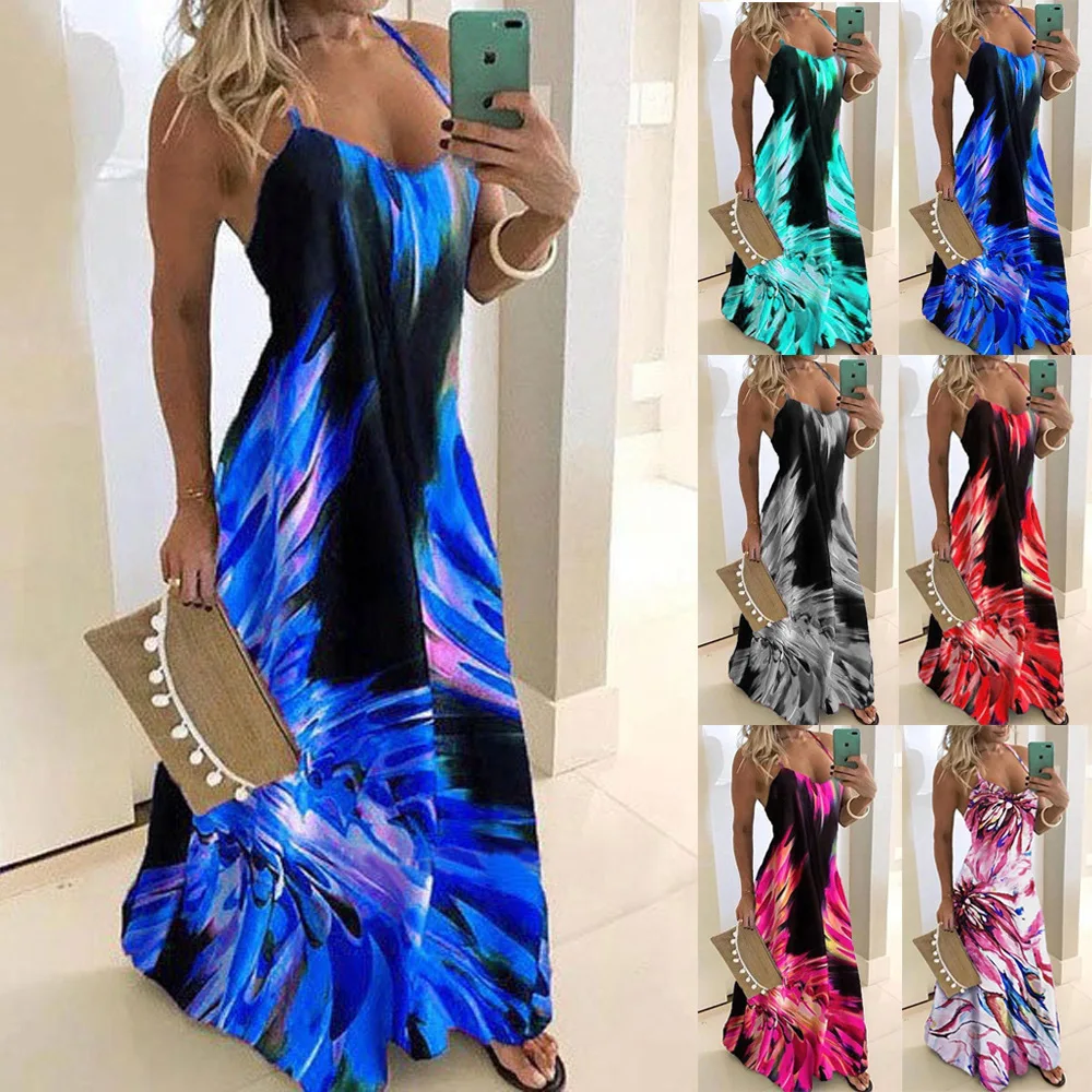 

Women Plus Large Size Maxi Long Floor Length Beach Dress Female 2020 Summer Sleeveless Print Slim Street Wear Casual Dresses
