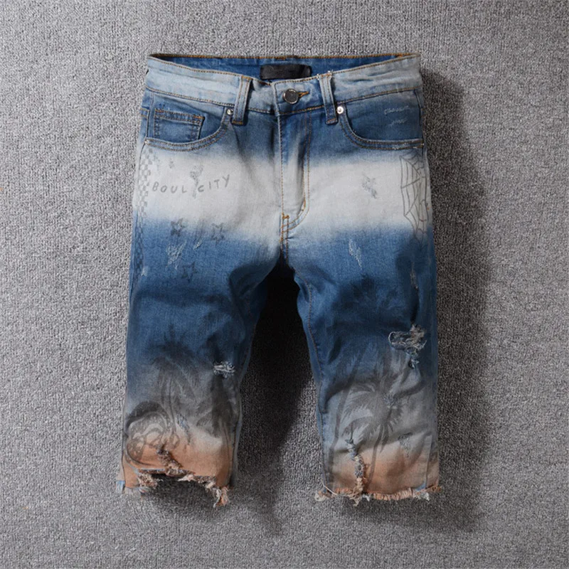 

2019 Summer New Men's Denim Shorts Fashion Slim Fit Elastic Cotton Blue Wash Ripped Jeans Male Brand Clothes 29-42