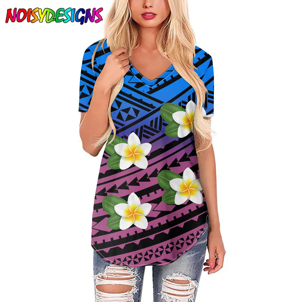 

NOISYDESIGNS 2021 Summer Women T-shirt Gradient Tribal Hibiscus Plumeria Print Short Sleeve Female Tee Casual Lady Tshirt Top