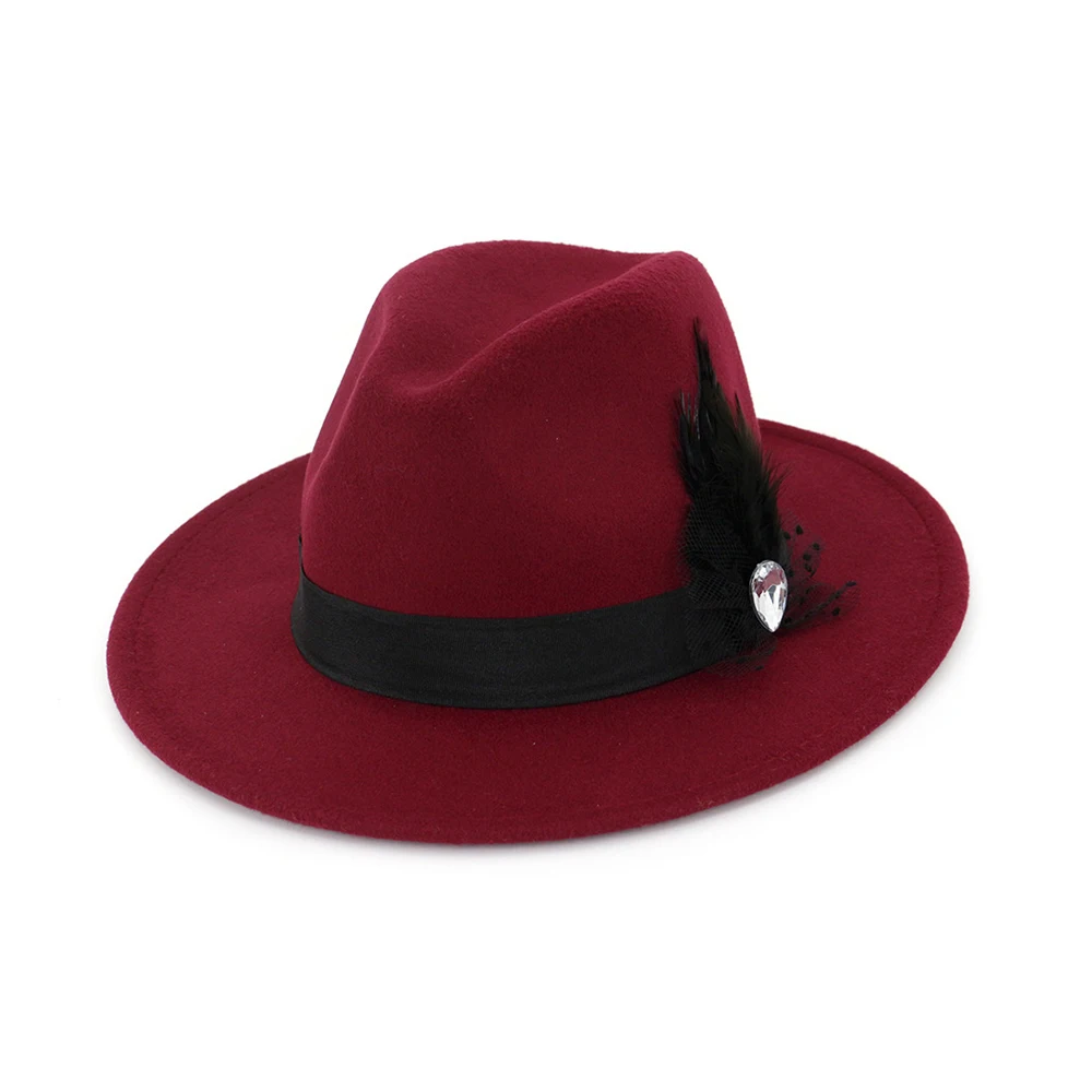 Модная мужская и женская шерстяная шляпа Fedora с пером широкая шляпа для взрослых шляпка для церкви Элегантная Дамская праздничный головной убор шляпа - Цвет: Wine Red