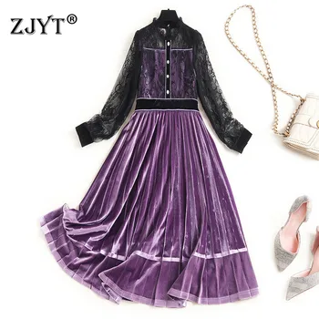 

Europe Fashion Woman Clothes 2020 New Lady Elegant Designer Long Sleeve Lace Patchwork Sexy Velvet Dress Party Vestidos XXL Size