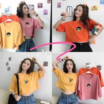

2020 new Kawaii Cotton Crop top Power puff t-shirt girls Police Harajuku Women Fashion Harajuku Short Sleeve Clothing Tee Shirt