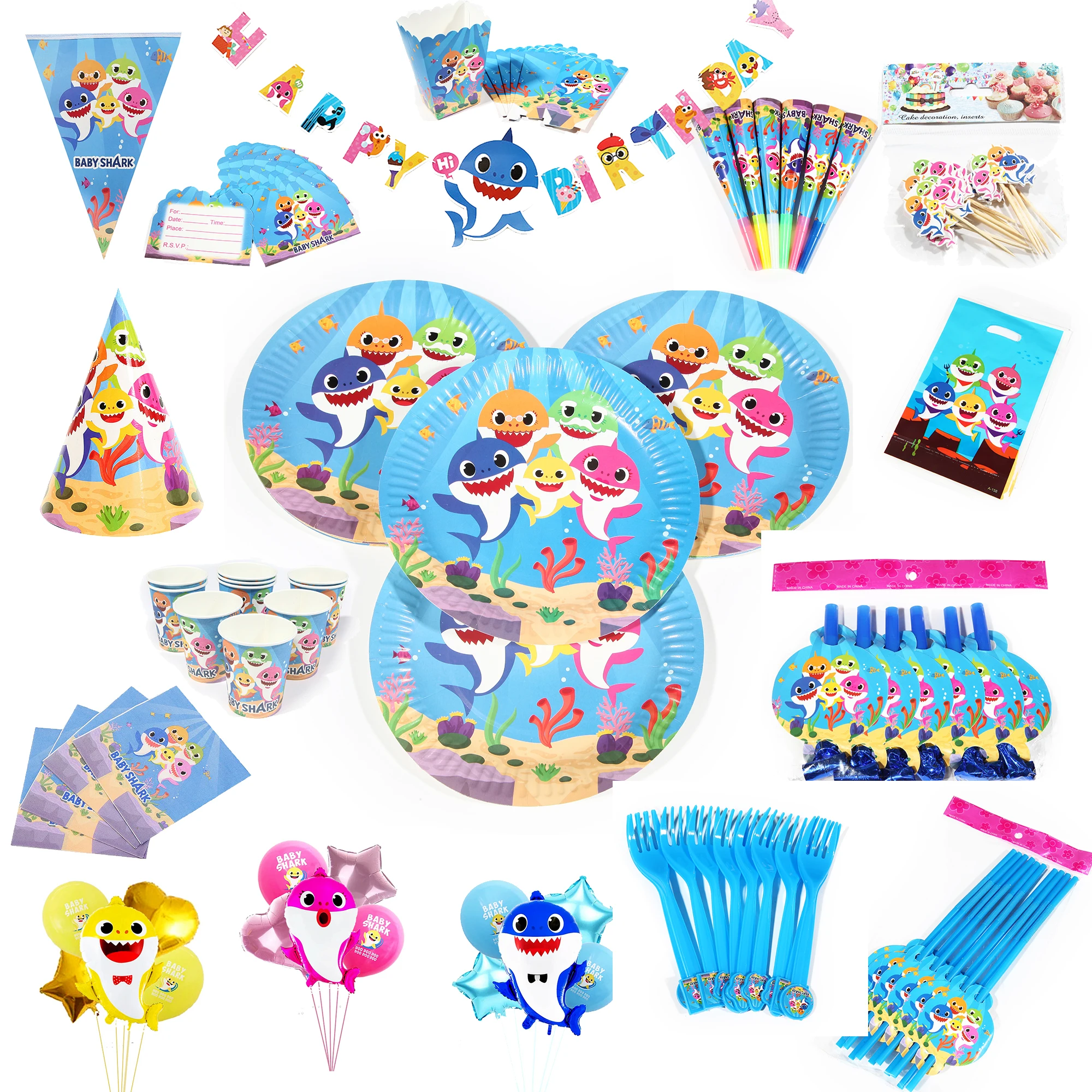 

Wholesale Shark baby Theme paper Flags Plate Cap Party decoration Baby Happy Birthday wedding event party supplies for kids