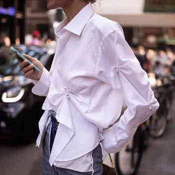 

DEAT 2020 New Summer Fashion Casual Single-breasted Solid Turn-down Collar Long Sleeve Pleated Irregular White Shirt Women SB500