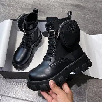 

Winter Autumn Shoes Motorcycle Ankle Wallet Combat Boots for Women Platform Artificial Leather Chunky Block Heel Shoes Ladies