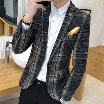 

Men Blazer Slim Fit Designs Korean Elegante Male Plaid Blazer Masculino Tweed Button Wedding Casual mens Blazer Jacket Suit