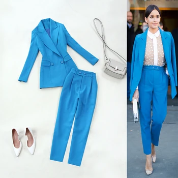 

Plus size women's 2020 spring and summer new lake blue waist double-breasted suit + high waist pants suit