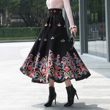 Шерстяная длинная юбка женская осенняя и зимняя большая Теплая юбка винтажная вышитая Цветочная юбка женская