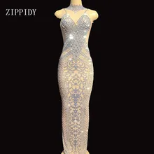 Модные блестящие стразы на сетчатой основе длинное платье женские День Рождения Праздновать прозрачное Сетчатое платье сценический костюм танцевальный наряд YOUDU