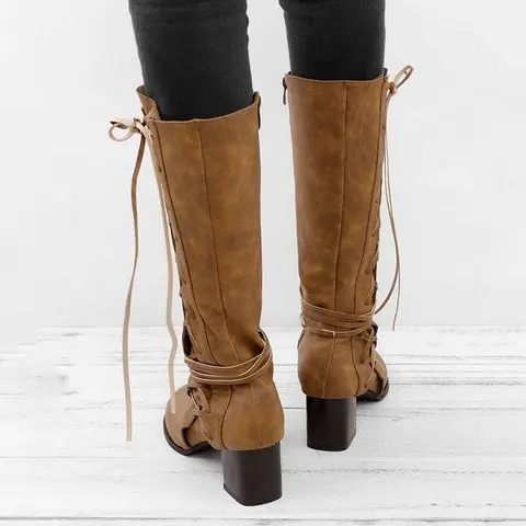 Женские ботинки до середины икры; chaussure boots; обувь из искусственной кожи на низком каблуке; гладиаторы на шнуровке; женская обувь размера плюс; zapatos mujer sapato; H808
