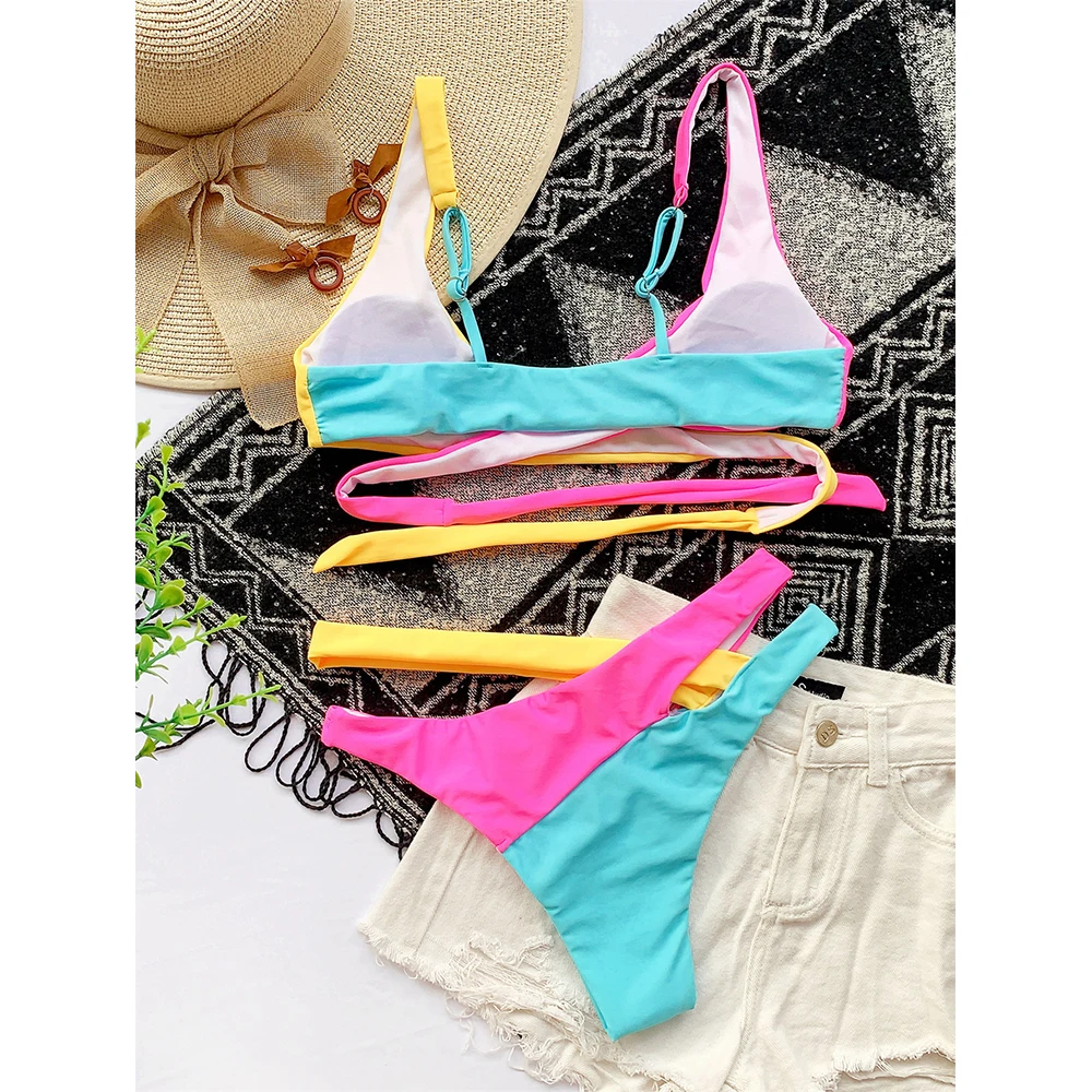 Contrast Color Bikini Women Swimsuit Cross Push Up Swimwear Female Bandage Bikini Set 2020 Bathing Suit Beachwear Swimming Suit