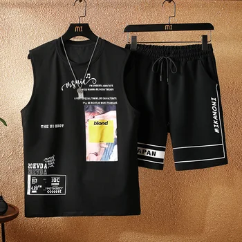 

Summer Men's Vest Shorts Two-piece Suit Youth Leisure Sports Cartoon Sleeveless T-shirt Shorts Korean Fashion Vest Suit