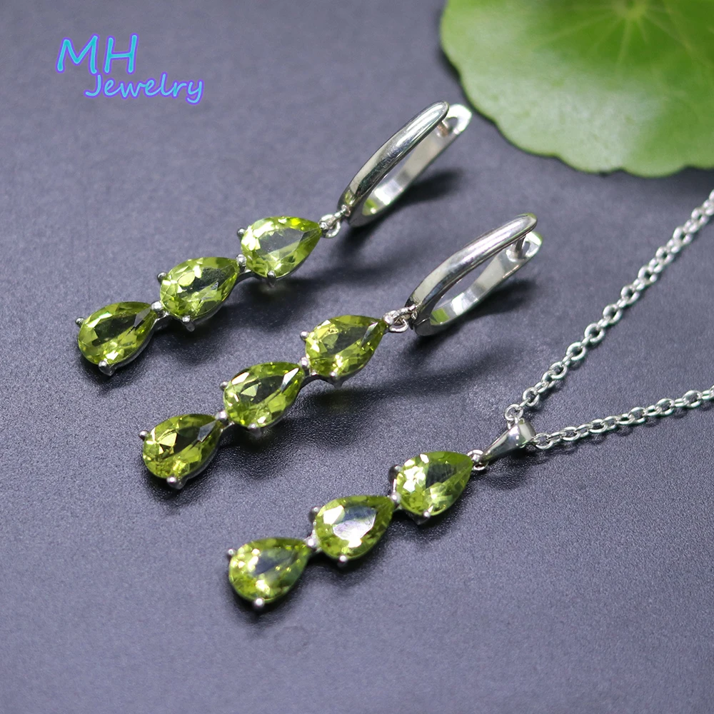 

MH natural green peridot earring necklace set 925 Sterling Silver wedding anniversary sweet romance gift fine jewelry summers