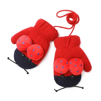 

Cute Kids Knitted Mittens ski gloves Winter Ladybug Shape Thermal Gloves Neck Hanging heated gloves For Boys Girls 1PC*