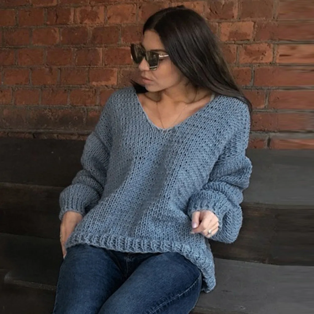 

Fashion Winter Women warm sweater Casual Solid Full Sleeve V-Neck Lazy Loose Sweater fluffy Blue sueter mujer invierno 2019 LS*D