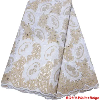 

Hand Cut White Gold Lace Swiss Cotton Lace In Switzerland With Rhinestones For Nigeria garment sewing lace fabric BG110