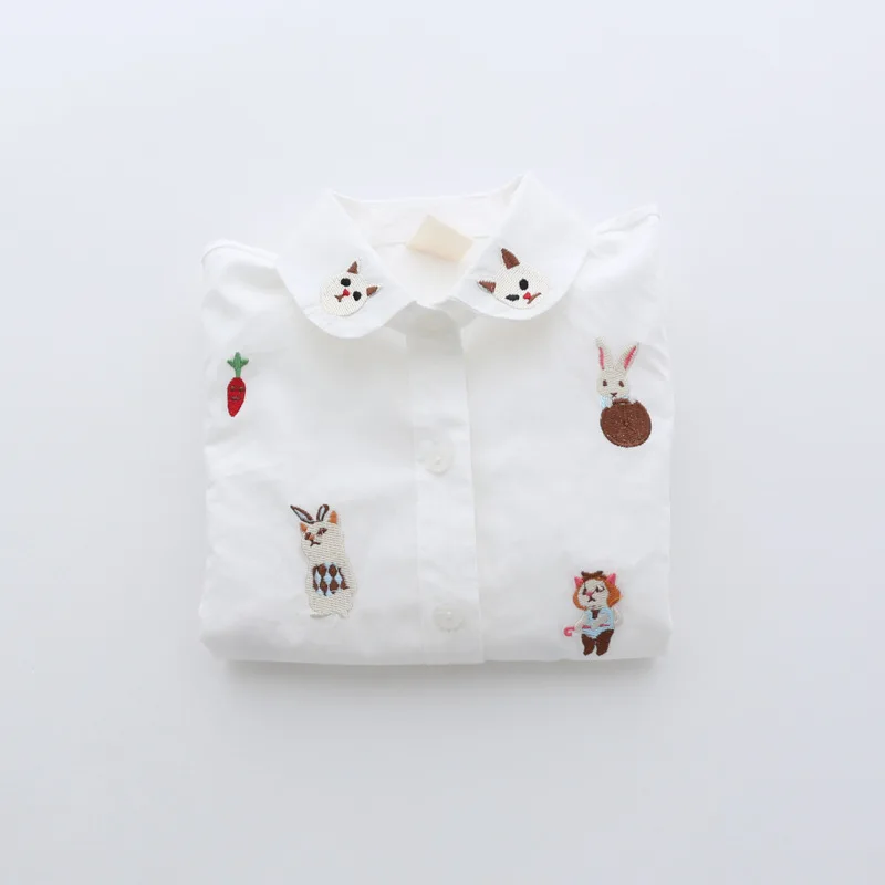 

Korean-style Spring And Autumn Girls Pure Cotton Playful Embroidered Cat Versatile Peter Pan Collar Casual Long-sleeved Shirt a