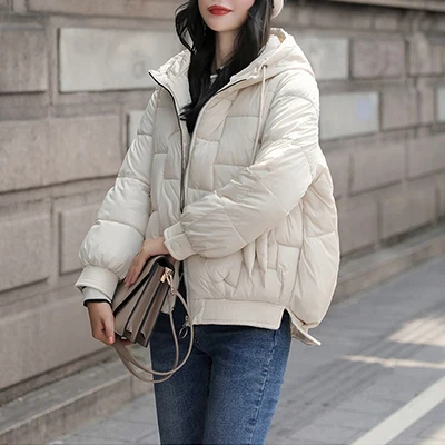 Beige Однотонные зимние пуховые пальто с капюшоном для женщин, большие размеры, свободная теплая хлопковая парка, куртка Женская Корейская короткая верхняя одежда Chaqueta Mujer - Цвет: Beige