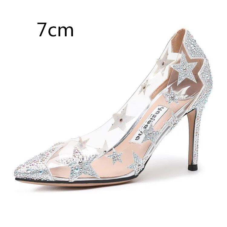 Silver-7cm heel Г., женские туфли-лодочки со стразами женские свадебные туфли на высоком тонком каблуке из прозрачного ПВХ женские элегантные вечерние туфли с острым носком - Цвет: Silver-7cm heel