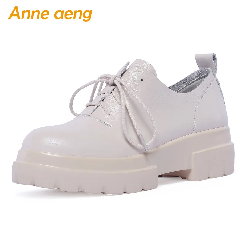 

2019 New Spring/Autumn Genuine Leather Women Pumps Round Heel Lace-Up Solid Casual Women Platform Shoes Beige Female Pumps