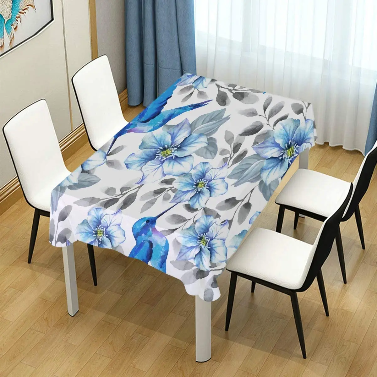 

Blue Flowers Hummingbirds Washable Table Cover