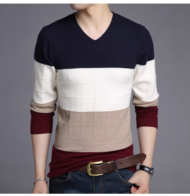 BO new autumn sets young men long sleeve knit color matching stripes render sweater