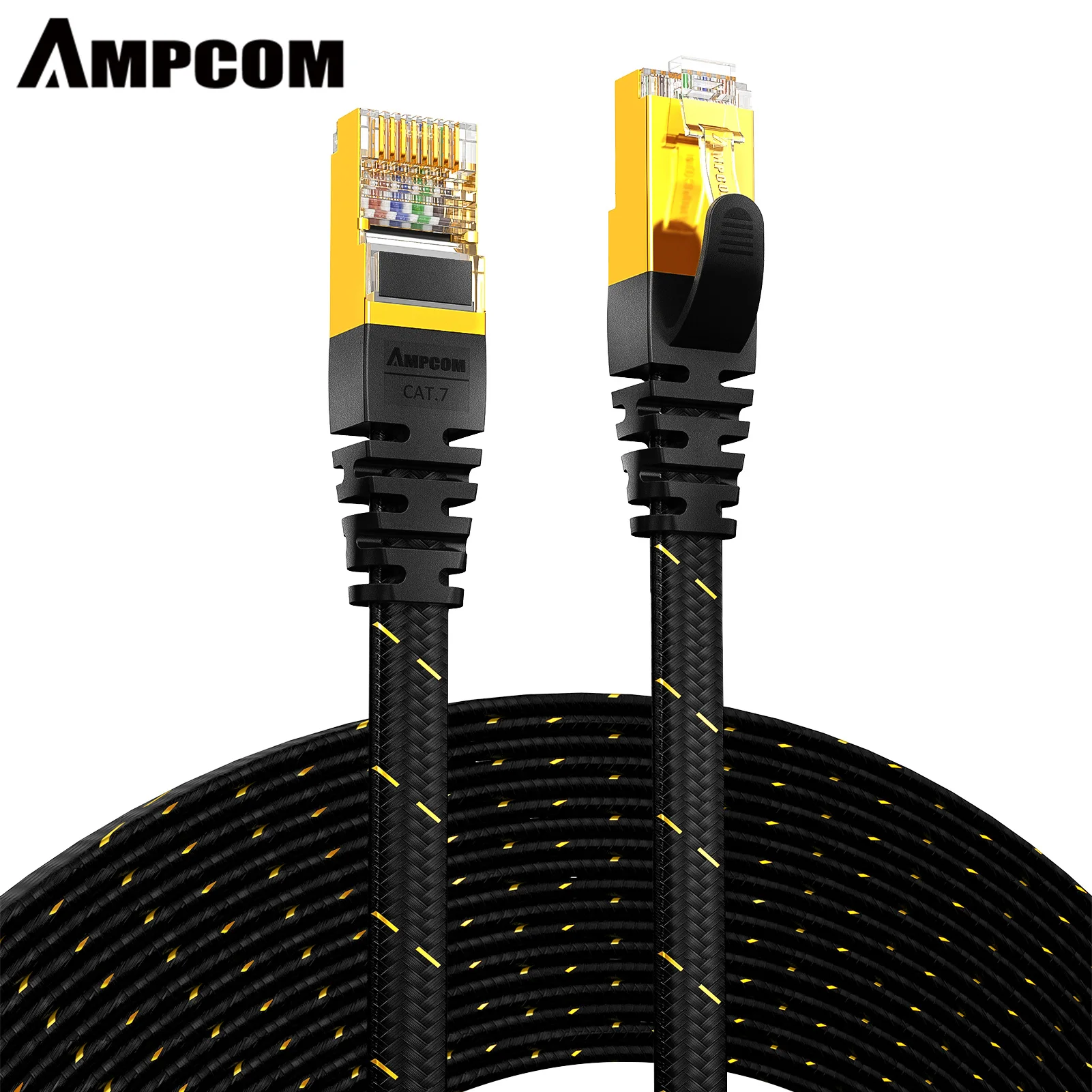 

AMPCOM CAT7 Ethernet Cable (10G 600MHz), Shielded Flat RJ45 Network Patchâ€‚Cord, 50u Gold Plated Lead, Polyester Braided